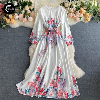 OUSHANG Bowknot mäkké retro tlač zahraničných lístkového rukáv elegantný jemný vietor, dlhé šaty Palác vietor žena jar roku 2020 nové šaty