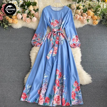 OUSHANG Bowknot mäkké retro tlač zahraničných lístkového rukáv elegantný jemný vietor, dlhé šaty Palác vietor žena jar roku 2020 nové šaty