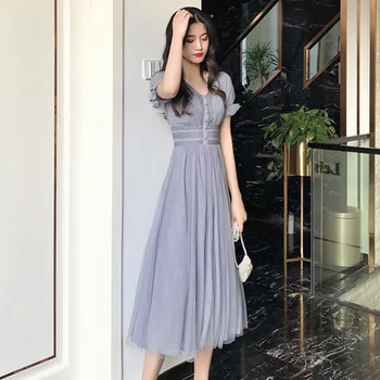OUSHANG dlhé pracovné šaty Krátke Lístkového Rukáv A-line Ženy Šaty 2020 Nové Letné Slim kórejský Štýl Oka Elegantný Retro Oka Šaty