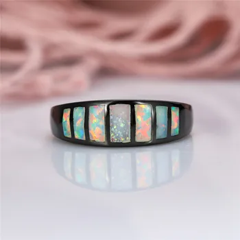 Očarujúce Rainbow Fire Opal Prstene Pre Ženy Starožitné Čierneho Zlata Plné Biela/Modrá Birthstone Krúžok Žien Luxusné Šperky, Zásnubné