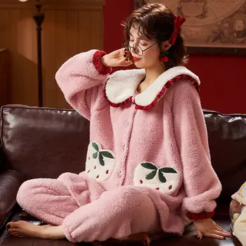Pajama Sady Ženy Zimné Hrubšie Patchwork Sladké Krásne Plus Nežnej Dámy Sleepwear Voľné Teplé Pohodlné Kórejský Štýl, Trendy