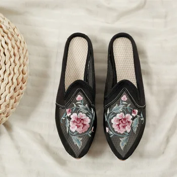 Papuče čerpadlá dámske topánky základné tkaných sandále Paeonia Čínsky štýl, výšivky poukázal dámske svadobné topánky zapatos de mujer