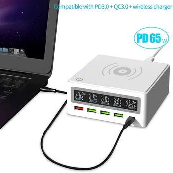 PD3.0 + QC3.0 Rýchlu Bezdrôtovú Nabíjačku 5 USB Portov, 65W pre PD Prenosný Nabíjací Dock Stanicu, Stlačte Spínač EÚ Plug