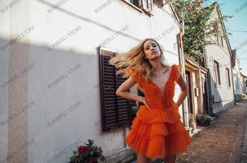 Pekná Oranžová Volánikmi Viazané Mini Ženy Šaty tvaru A-line Krátke Yong Dievča Nový Rok Party Šaty Oka Maxi Oblečenie 2021