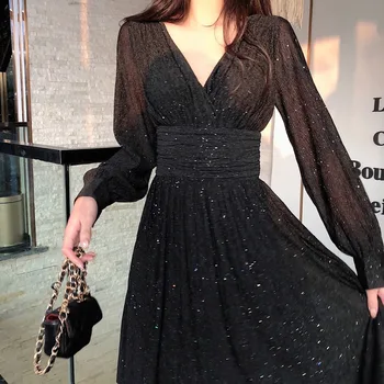 Pevné, Elegantné Šaty Žien Jeseň Sequin Strany Midi Šaty Žena Bežné Šifón Slim kórejský Šaty 2020 Jeseň Oblečenie pre Ženy