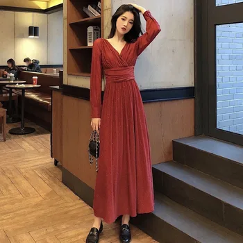 Pevné, Elegantné Šaty Žien Jeseň Sequin Strany Midi Šaty Žena Bežné Šifón Slim kórejský Šaty 2020 Jeseň Oblečenie pre Ženy