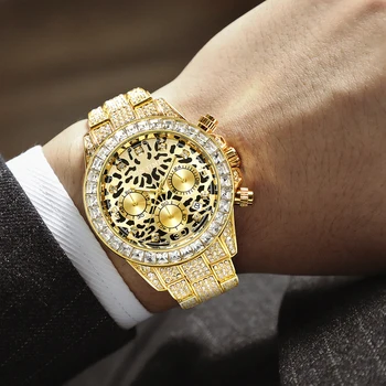 PINTIME Zlato Leopard Pánske Hodinky Top Značky Luxusné Chronograf Šport Vojenské Muž Hodiny Ľadový Sa Diamond Dátum Oceľové Náramkové hodinky