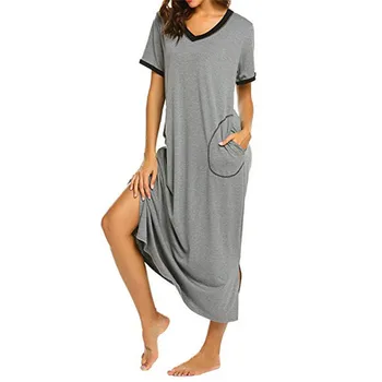 Plavky Dlho Nightgown Žien Ultra-Mäkké Nightshirt Plnej Dĺžke Sleepwear s Vrecku Voľné Spánku Šaty, oblečenie pre voľný čas 40FE01