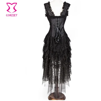 Ples Black Kvetinová Čipka Viktoriánskej Gotické Oblečenie Steampunk Korzet, Šaty Dlhé, Korzety A Bustiers Šaty, Sexy Kostým Paródia