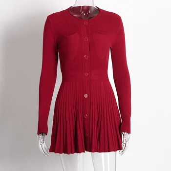 Pletené Oblečenie Pre Voľný Čas Jeseň Roku 2018 Nové Tlačidlá Dlhý Rukáv Šaty Žien Skladaný Mini Sveter Šaty, Ružové A Červené Čierne Šaty