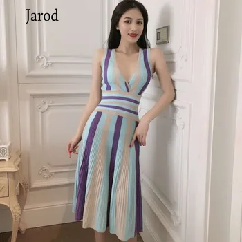 Pletené Šaty bez rukávov Ženy 2020 Lete kórejský Elegantné, Sexy V Krku multicolor pruhy módne Tenký Sveter Šaty