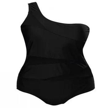 Plus-size celé plavky jednodielne Plavky ženského Tela Vyhovovali Spájať Čisté Plavky Black Jediný Ramenný Jeden kus Plávanie Oblek Žien