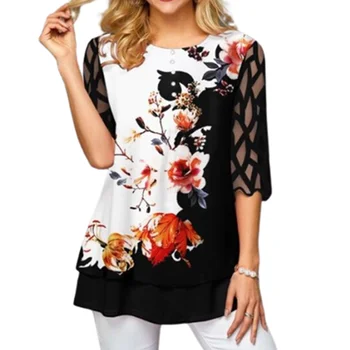 Plus Veľkosť 3XL 4XL 5XL Kvetinový Tlač Tričko Ženy Oka Výšivky Voľné Bežné Čierne Biele Tlačidlo T-Shirts Žien Patchwork Top