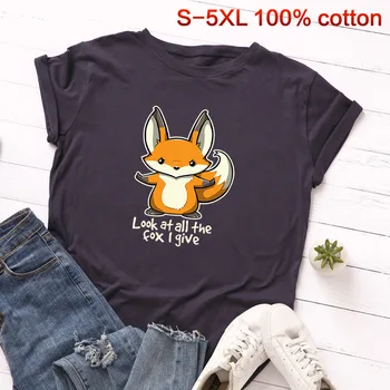 Plus Veľkosť Cartoon Fox Print T Shirt Lete Ženy Bavlny O Krk Grafické Tees Ženy T-Tričko Krátky Rukáv Topy Bežné Tričko