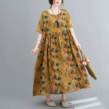 Plus Veľkosť Elegantný Kvetinový Letné Plážové Oblečenie Bavlnené Dlhé Dámske Šaty pre Ženy 4XL 5XL 6XL Nadrozmerné kórejský Bežné Šaty 2020
