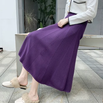 Plus Veľkosť Jeseň Zima Farbou Pletené Sukne kórejský Módne Bežné Čierna Midi Sukne Dlhé Sukne pre Ženy