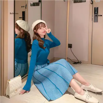 Plus Veľkosť Jeseň Zima Ženy Pletené Šaty 2020 Nový kórejský Dlhý Rukáv turtleneck Riadok Sveter Šaty Elegantné Dámske Šaty