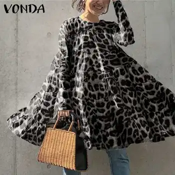 Plus Veľkosť Mini Šaty VONDA Bežné Dlhý Rukáv O Krk Vintage Leopard Tlačené Šaty Voľné Jeseň Župan Femme Strany Vestidos