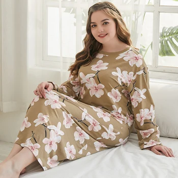 Plus Veľkosť Nightgown pre Ženy Vytlačené Kvetinový Dlho Sleepwear Celý Rukáv Kolo Krku Nočné Šaty