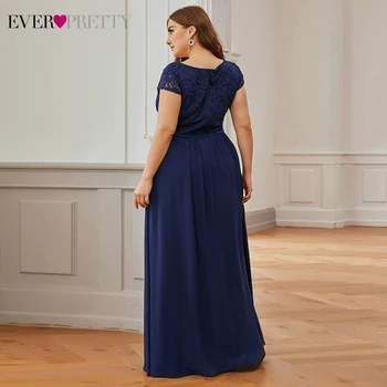 Plus Veľkosť Námornícka Modrá Večerné Šaty Ever Pretty A-Line Krátky Rukáv Kvetinová Čipka Vintage Večerné Šaty Pre Strany Vestido 2020
