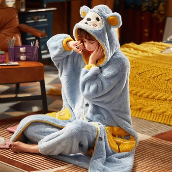 Plus Veľkosť Oblečenie Nightgown Zimné Pyžamo Intenzifikácia Pyžamá Nastaviť Voľné Verzia S Kapucňou Ženy Sleepwear Udržať V Teple Stredné Štýl