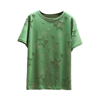 Plus Veľkosť Otvoru Bavlna Top T-shirts Ženy 2020 Letné Trendy Voľné Krátky Rukáv kórejský Tričko Nadrozmerné Zlatá Vzor Tee Košele