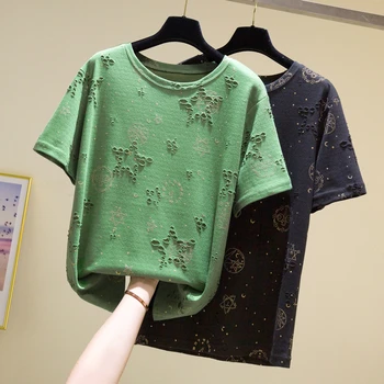 Plus Veľkosť Otvoru Bavlna Top T-shirts Ženy 2020 Letné Trendy Voľné Krátky Rukáv kórejský Tričko Nadrozmerné Zlatá Vzor Tee Košele