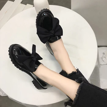 Plus Veľkosť Oxfords dámske Topánky Žena Bytov Luk Uzol Mokasíny Platformu Pošmyknúť na Solid Black Patent Kožené Topánky, Ženy, Dámy Topánky