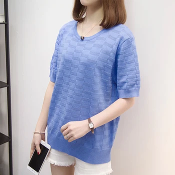 Plus Veľkosť Pletené Vrchné Tričká Ženy 2020 Lete kórejský jednofarebné tričká Príliš Krátky Rukáv Ročníka Dámy Knitwear Tees