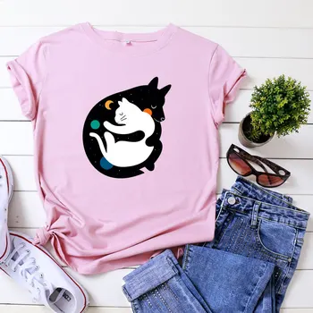 Plus Veľkosť Ženy Objímanie Cat & Dog T-shirt Lete O Krk Zviera Topy Bežné Tvorivé Cartoon Kawaii Bavlna Tee Tričko