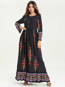 Plus Veľkosť Ženy Tlač České Maxi Šaty 2020 Svetlice Rukáv Etnických Moslimských Abaya Islamskej Dubaj, spojené arabské emiráty arabské Ramadánu Šaty, Dlhé Šaty