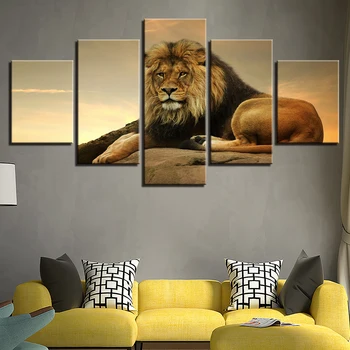 Plátno HD Vytlačí Plagát na Stenu Umenie Zvierat Obrázky Rámec 5 Kusov Kráľ Zvierat Lev Obrazy Pre Obývacia Izba Domova