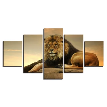 Plátno HD Vytlačí Plagát na Stenu Umenie Zvierat Obrázky Rámec 5 Kusov Kráľ Zvierat Lev Obrazy Pre Obývacia Izba Domova