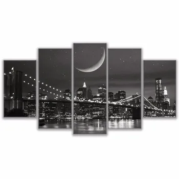 Plátno Obrazy Modulárny Wall Art Rám Domova 5 Kusov New York mesačnú krajinu Obrázky HD Vytlačí Brooklyn Bridge Plagát PENGDA