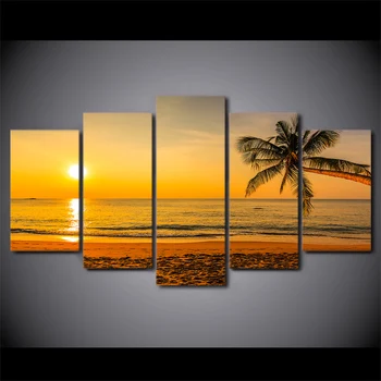 Plátno Obrázky Modulárny Domova Rám 5 Kus Wall Art Tropická Pláž, západ Slnka Palma Maľovanie Moderné HD Tlač Plagátu PENGDA