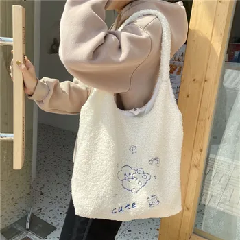 Plátno Ramenní Taška pre Ženy 2020 Roztomilý Plyšový Zajac Textílie Tote Shopper Taška s potlačou Nadýchanou Kožušinkou Kabelky Veľké Nákupné Tašky