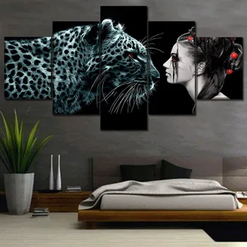 Plátno, Tlač Plagátu Steny V Obývacej Izbe Umenie Modulárny Obrázky A Decor 5 Kúsok Tmavé Dievča A Červená Abstraktné Leopard Obrazy Rámec