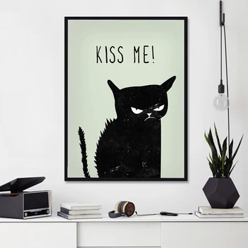 Plátno, Vytlačí Maľovanie Nordic Štýl Angry Čierne Mačky Kiss Me Plagáty Na Stenu Umenie Zvierat, Obrázky, Obývacia Izba Domáce Dekorácie