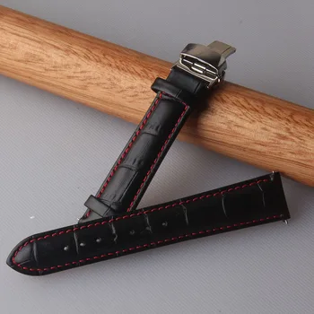 Podpora Watchband Čierna s červenou čiarou stitched Hodinky Príslušenstvo Hodinky kapela popruh 20 mm 22 mm z Nehrdzavejúcej ocele Motýľ pracka