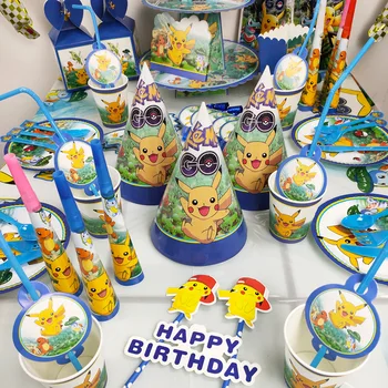 Pokémon Pikachu Monster Dekorácie Nastaviť Obrus Lyžice Hat Akčné Figúrky Anime postavy Nastaviť Deti Narodeninovej Párty Dekorácie
