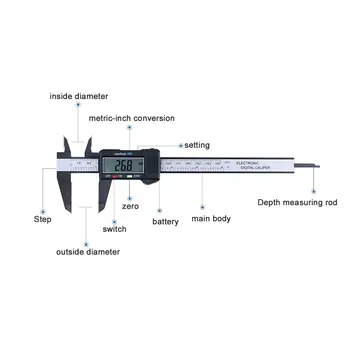 Pravítko priemerky zmes z karbónových Vlákien LCD Digitálny Strmeň 0-150 mm Rozchod Mikrometer na Meranie Toolwith Palce, aby Konverzie MM