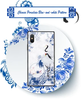 Pre iPhone 12 11 Pro Mini XS Max SE XR X 8 7 Plus Prípade Čínskych BlueWhite Porcelánu Tvrdeného Skla Kryt, Popruh Strapec Shell Funda