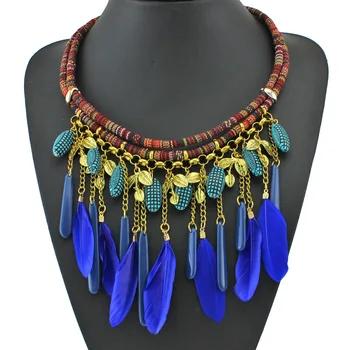 Predaj! Africké Šperky Tribal Pierko Náhrdelníky pre Ženy, Lano, Reťaz Náhrdelník Zelená Modrá Šperky