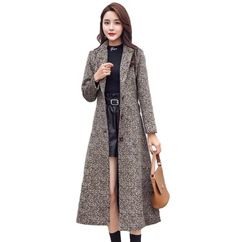 Predĺžiť Vlnené Kabát Ženy Jeseň Zima kórejský Populárne Single-breasted Pás Slim Bunda Žena Plus veľkosť Vlnené Plášte N376