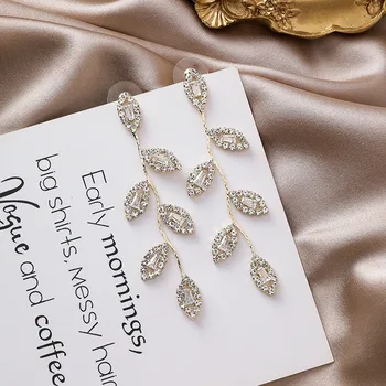 Prehnané kórejský Náušnice Rhinstone Crystal Leaf Dlhé Náušnice Kvapka Náušnice Pre Ženy 2020Fashion Ženy Šperky