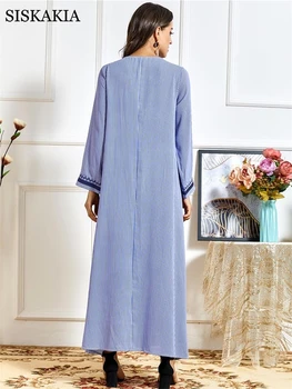 Prekladané Výšivky Maxi Šaty pre Ženy, Etnické Modrá Vrecká Plus Veľkosť O Krk Dlhý Rukáv arabské Moslimské Turecko Oblečenie Jeseň 2020