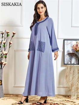 Prekladané Výšivky Maxi Šaty pre Ženy, Etnické Modrá Vrecká Plus Veľkosť O Krk Dlhý Rukáv arabské Moslimské Turecko Oblečenie Jeseň 2020