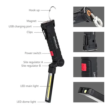 Prenosné 5 Režime KLASU Baterka Pochodeň USB Nabíjateľné LED Pracovné Svetlo Magnetické KLASU Lanterna Háčik na Zavesenie Lampa Pre Outdoor Camping