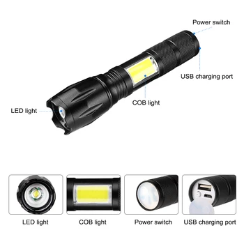 Prenosné COB LED Baterka USB Nabíjateľné T6 Pracovná lampa ZOOM Baterka Na Kempovanie Vonkajšie S úložným Prípade