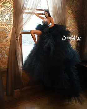Princezná plesové Šaty, Čierne Svadobné Šaty, Sexy Plunning Krku Korálkové Dubaj Svadobné Šaty Volánikmi Tylu Sukne vestido de noiva 2021